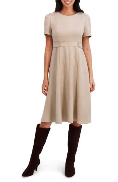 London Times Jewel Neck Side Tab Fit & Flare Dress In Neutral