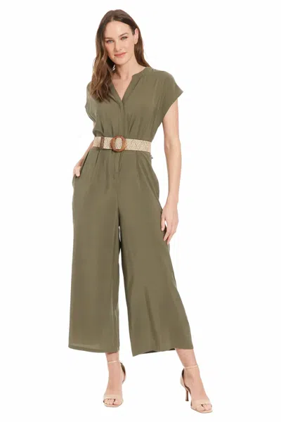 London Times Kassia V-neck Jumpsuit In Olive / Leaf It To Me In Green