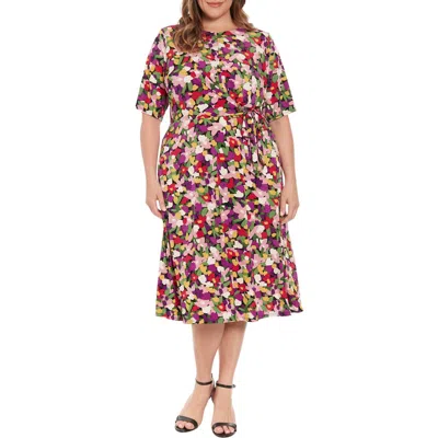 London Times Keyhole Neck Side Tie Midi Dress In Black/rose