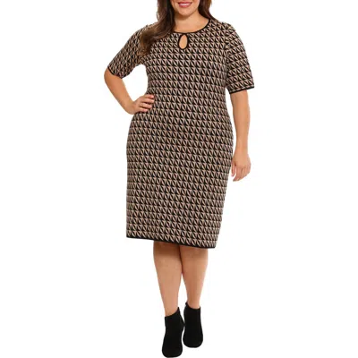 London Times Keyhole Short Sleeve Sweater Dress In Black/taupe