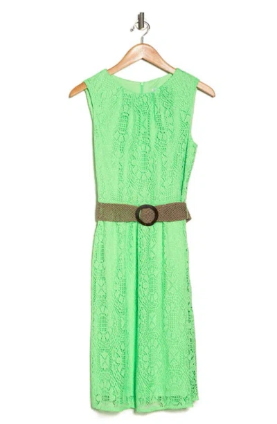 London Times Lace Sleeveless Belted Fit & Flare Dress In Green