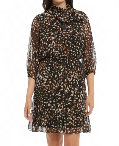 London Times Leaf Printed Lurex Dress In Black/taupe In Multi