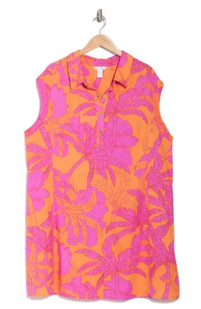 London Times Linen Blend A-line Shirtdress In Pink