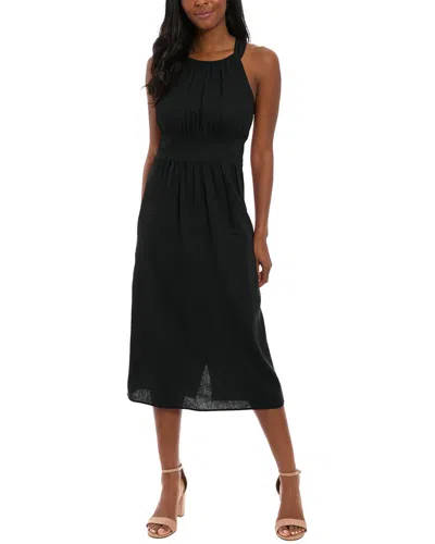 London Times Linen-blend Midi Dress In Black
