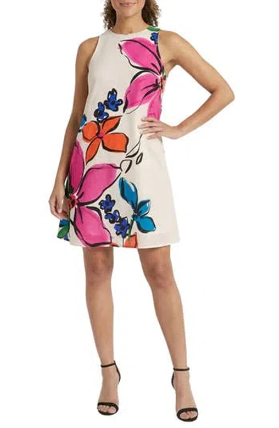 London Times Linen Blend Trapeze Dress In Multi