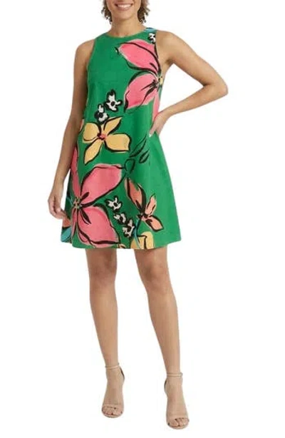 London Times Linen Blend Trapeze Dress In Multi