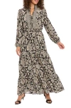 London Times Long Sleeve Bubble Crepe Tiered Maxi Dress In Black
