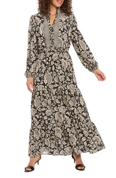 London Times Long Sleeve Bubble Crepe Tiered Maxi Dress In Black