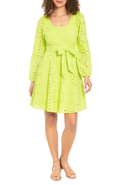 London Times Long Sleeve Embroidered Eyelet Cotton Fit & Flare Dress In Lime