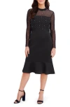 London Times Long Sleeve Faux Pearl Illusion Midi Dress In Black