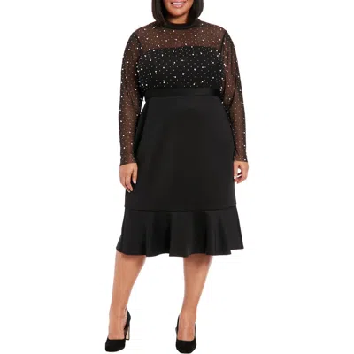 LONDON TIMES LONDON TIMES LONG SLEEVE FAUX PEARL ILLUSION MIDI DRESS