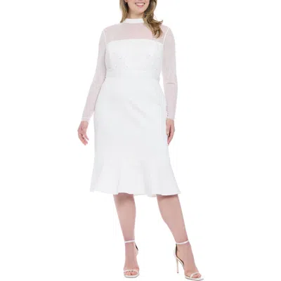 LONDON TIMES LONDON TIMES LONG SLEEVE FAUX PEARL ILLUSION MIDI DRESS