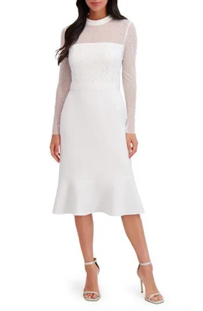 LONDON TIMES LONDON TIMES LONG SLEEVE FAUX PEARL ILLUSION MIDI DRESS
