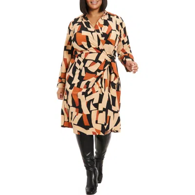 London Times Long Sleeve Faux Wrap Midi Dress In Black/caramel