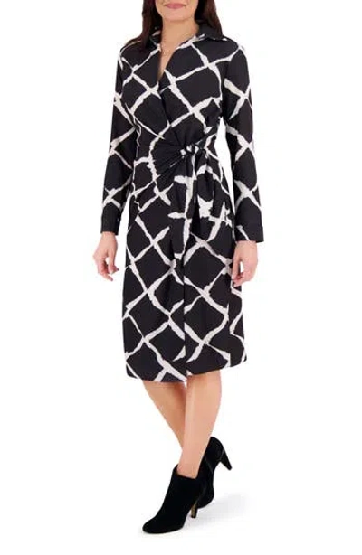 London Times Long Sleeve Faux Wrap Midi Dress In Black