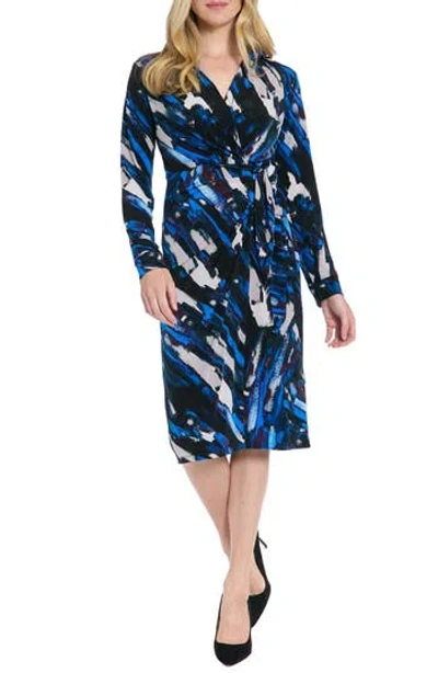 London Times Long Sleeve Faux Wrap Shirtdress In Blue