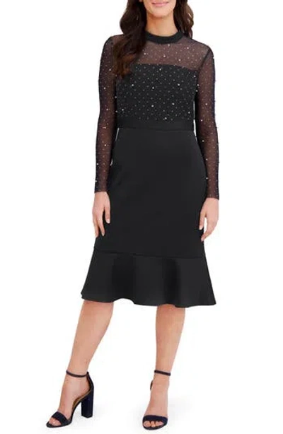 London Times Long Sleeve Illusion Faux Pearl Midi Dress In Black