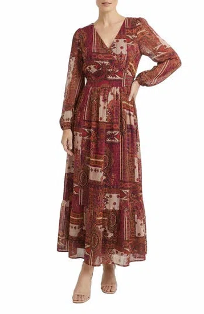 London Times Long Sleeve Maxi Dress In Tan/ Red