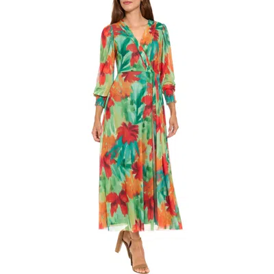 London Times Long Sleeve Mesh Maxi Dress In Multi