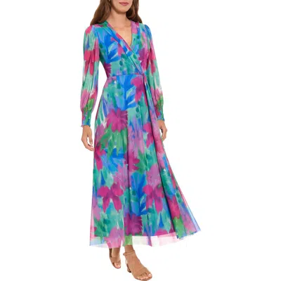 London Times Long Sleeve Mesh Maxi Dress In Multi