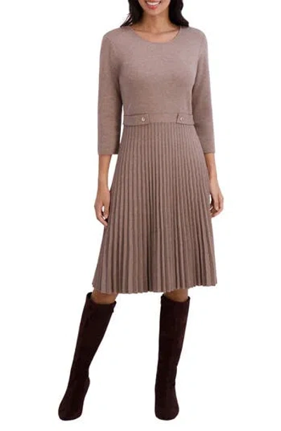 London Times Long Sleeve Pleated Flare Skirt Dress In Brown