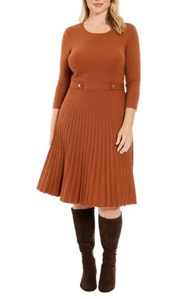 London Times Long Sleeve Pleated Flare Skirt Dress In Brown