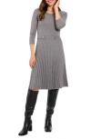 London Times Long Sleeve Pleated Flare Skirt Dress In Grey