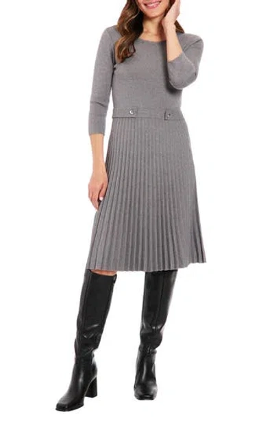 London Times Long Sleeve Pleated Flare Skirt Dress In Grey