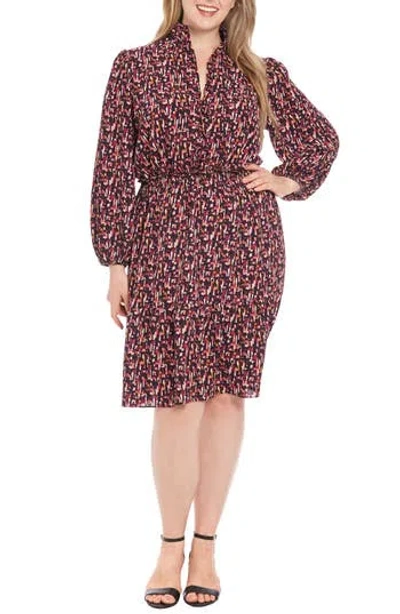 London Times Long Sleeve Smocked Waist Dress In Black Multi
