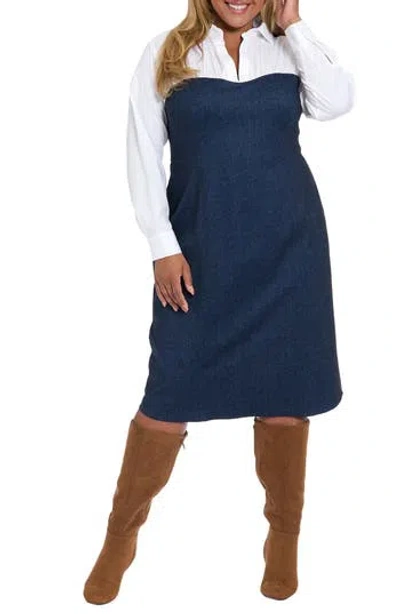 London Times Long Sleeve Twofer Denim Sheath Dress In Blue