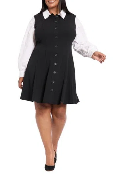 London Times Long Sleeve Twofer Scuba Fit & Flare Dress In Black