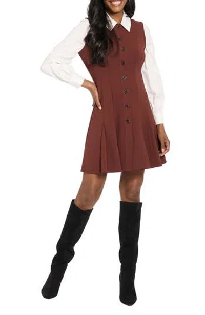 London Times Long Sleeve Twofer Scuba Fit & Flare Dress In Brown