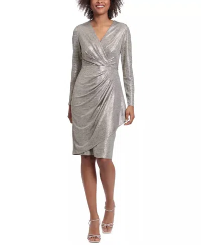 London Times Metallic Wrap Dress In Gold