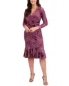 London Times Floral Burnout V-neck Long Sleeve Faux Wrap Dress In Purple