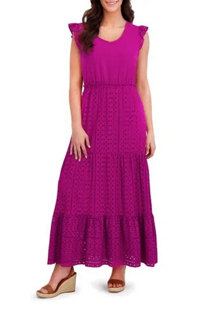 London Times Mixed Media Tiered Dress In Purple