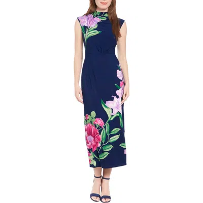 London Times Mock Neck Cap Sleeve Sheath Dress In Blue