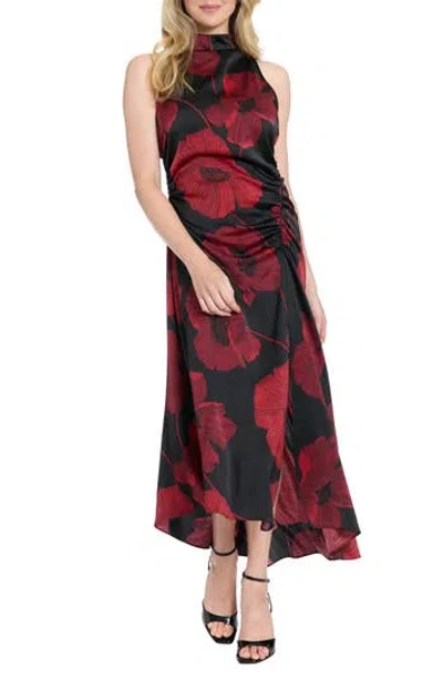 London Times Mock Neck Ruched Asymmetric Dress In Red