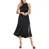 London Times Mock Neck Ruched Asymmetric Midi Dress In Black