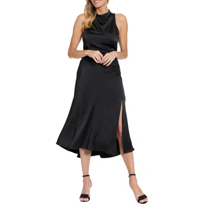 London Times Mock Neck Ruched Asymmetric Midi Dress In Black