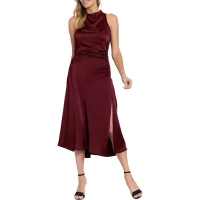 London Times Mock Neck Ruched Asymmetric Midi Dress In Burgundy