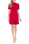 London Times Mock Neck Short Sleeve Belted Pleated Scuba Dress In Red