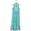 London Times Mock Neck Sleeveless Tiered Maxi Dress In Ivory/blue