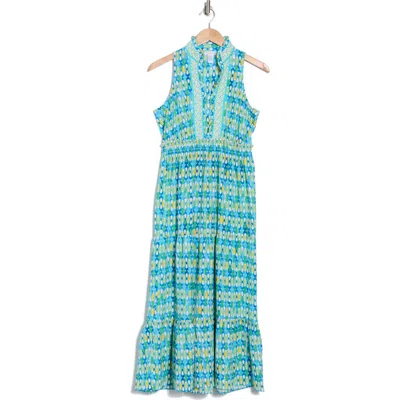 London Times Mock Neck Sleeveless Tiered Maxi Dress In Ivory/blue
