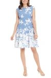 London Times Monotone Floral Print Fit And Flare Dress In Sky/ White