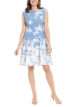 London Times Monotone Floral Print Fit And Flare Dress In Sky/white