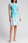 London Times Monotone Floral Print Fit And Flare Dress In Turquoise/ivy