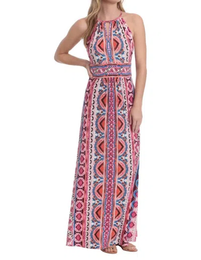 LONDON TIMES MORRIS GEOMETRIC MAXI DRESS IN WHITE/PINK