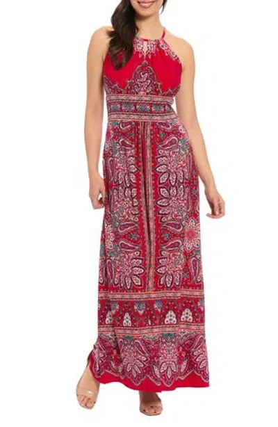 London Times Petite Paisley-print Halter Maxi Dress In Red