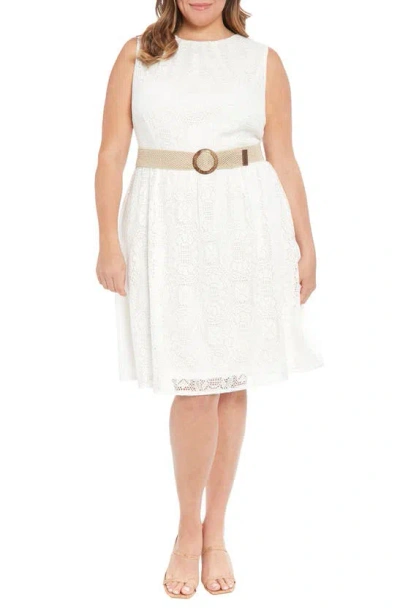 London Times Open Stitch Sleeveless Dress In White