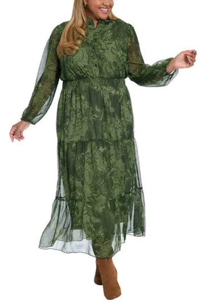London Times Paisley Long Sleeve Tiered Chiffon Maxi Dress In Green